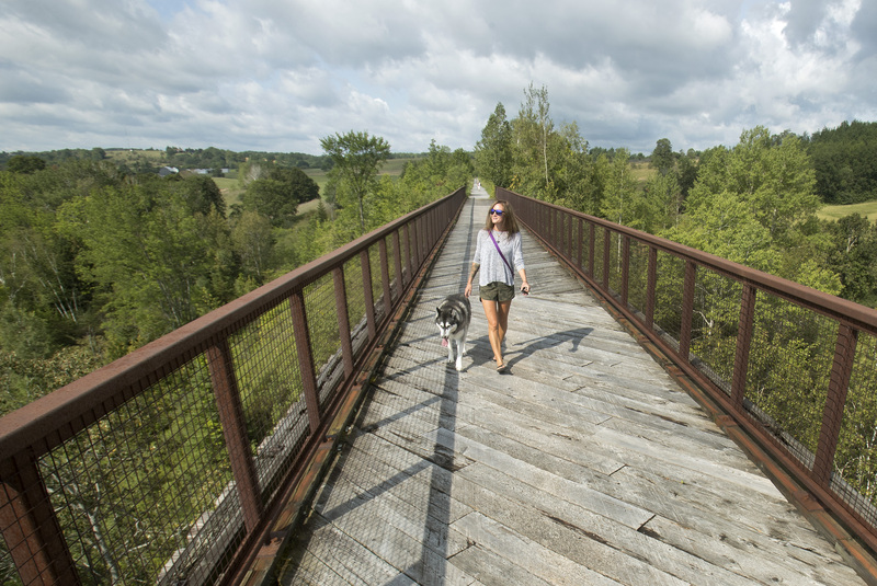 image of woman walking on bridge