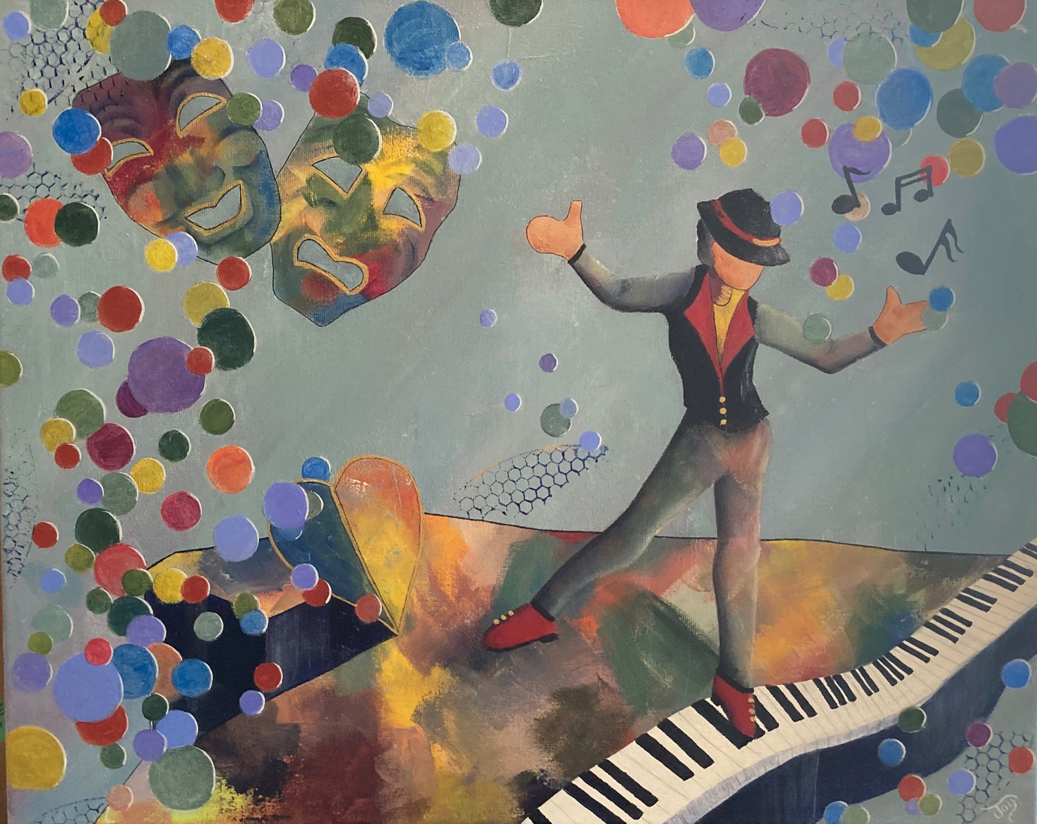 painting of person dancing on piano