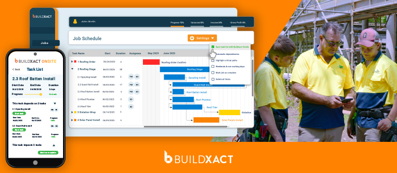 A conceptual image showing how a site crew uses Buildxact and Buildxact Onsite to communicate about a project schedule