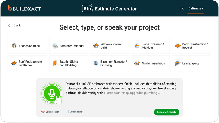 Buildxact Estimate Generator interface showing project type selection options such as kitchen remodel, bathroom remodel, home extension, and deck construction, with a voice input feature and a generate estimate button.