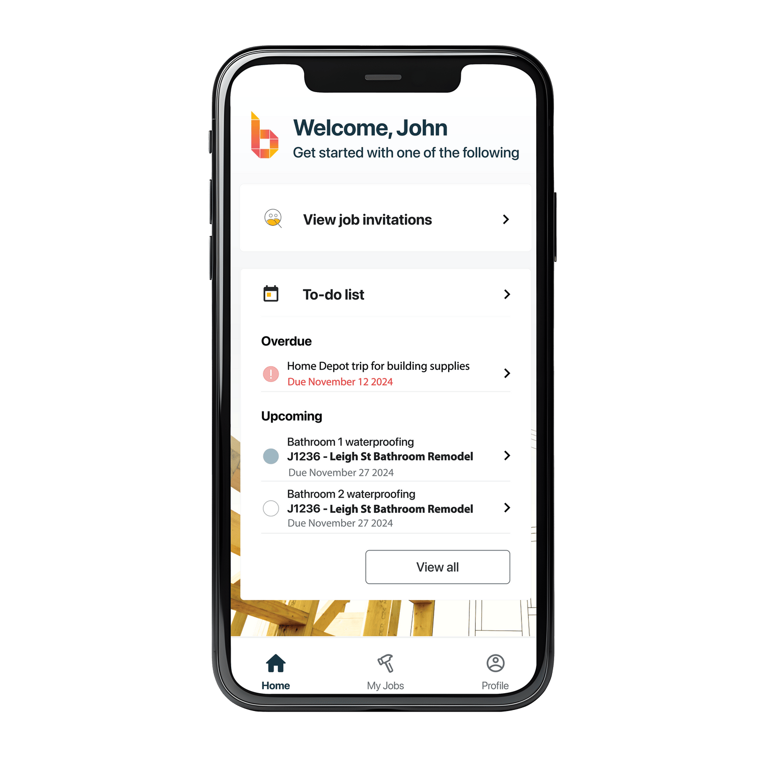 Screenshot of Buildxact's mobile app, Onsite, with shareable to-do lists
