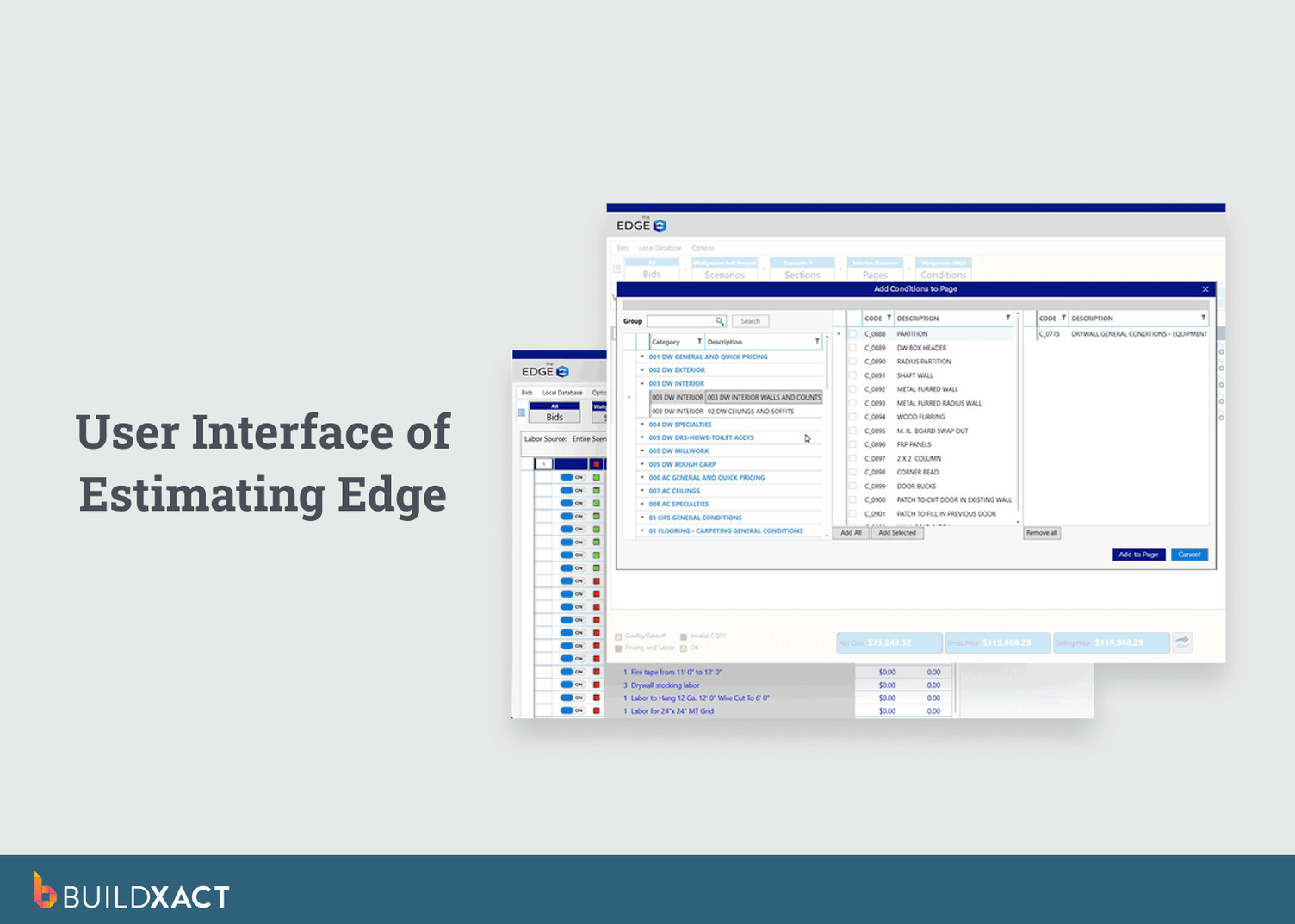 Screenshot of Estimating Edge showing detailed drywall estimating and cost breakdown interface.
