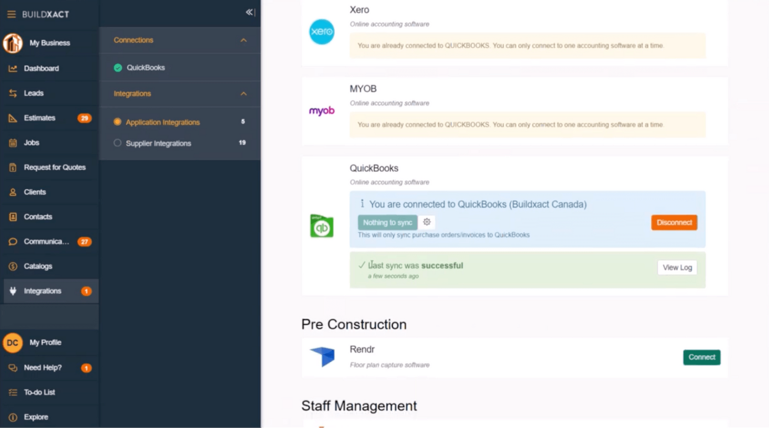 Screenshot of Buildxact's accounting integrations with platforms like Xero and QuickBooks