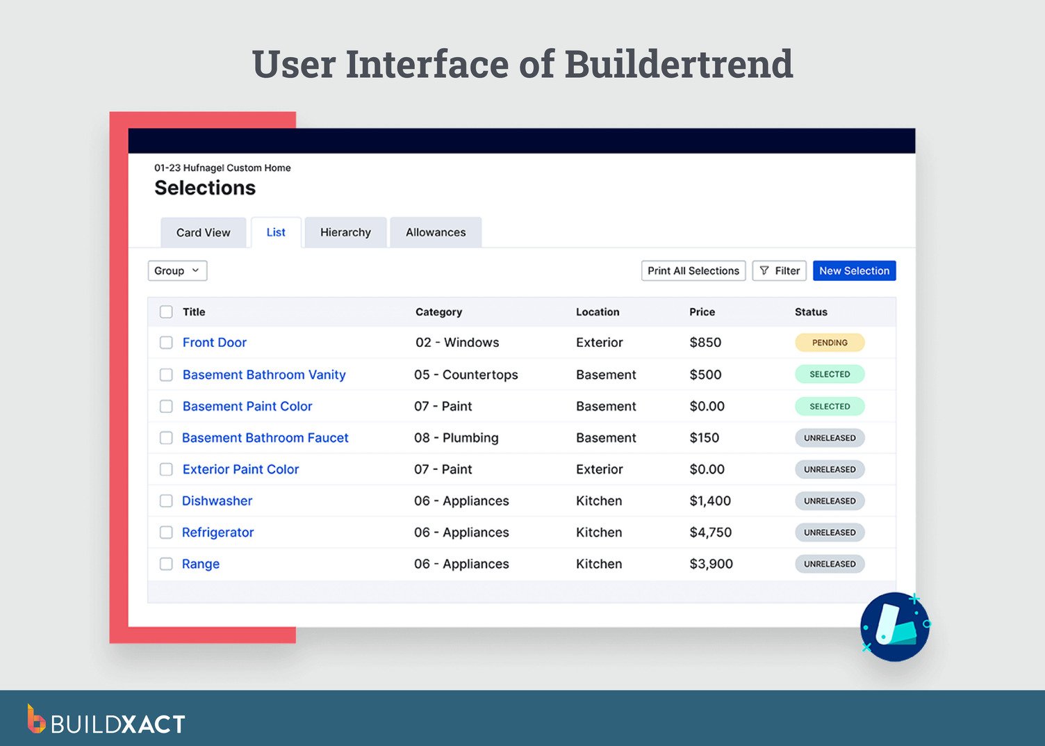 User interface of Buildertrend