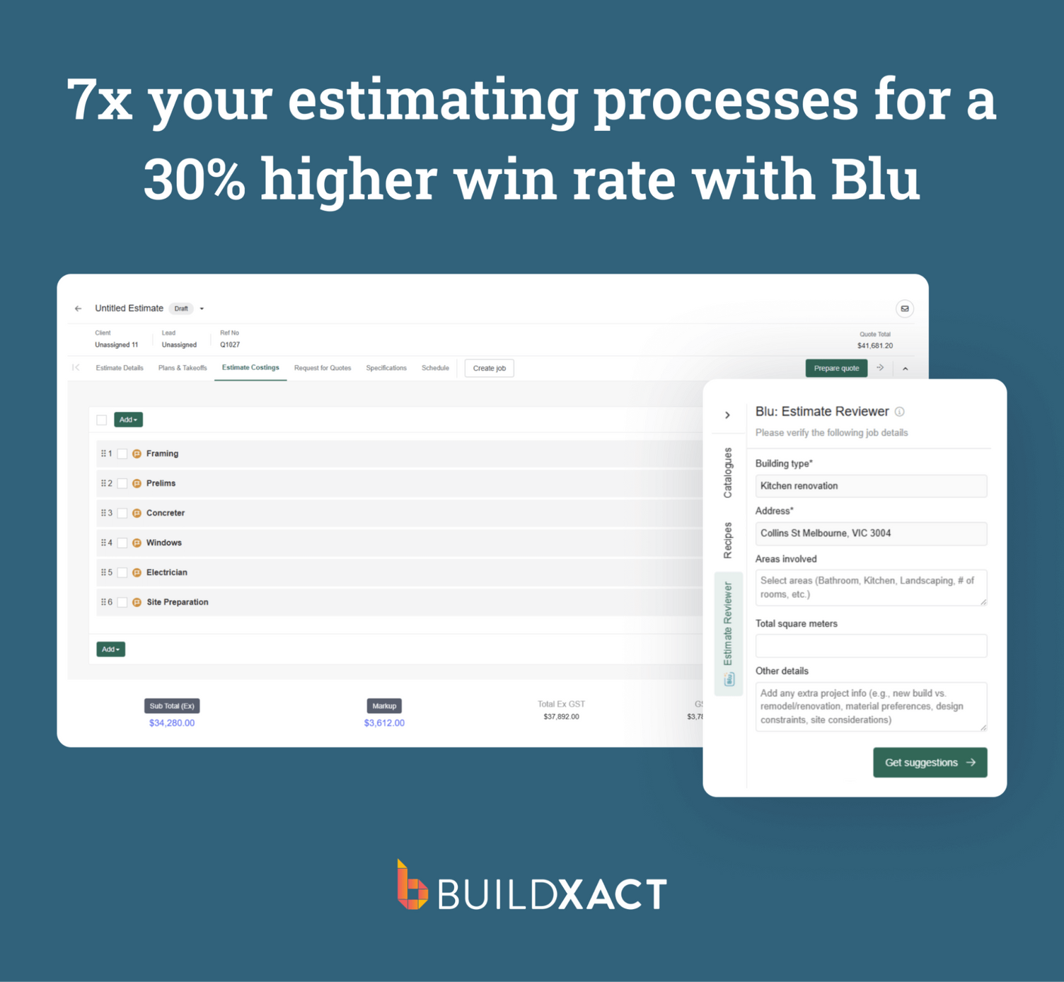 A graphic featuring the UI of Buil, Buildxact's AI assistant feature