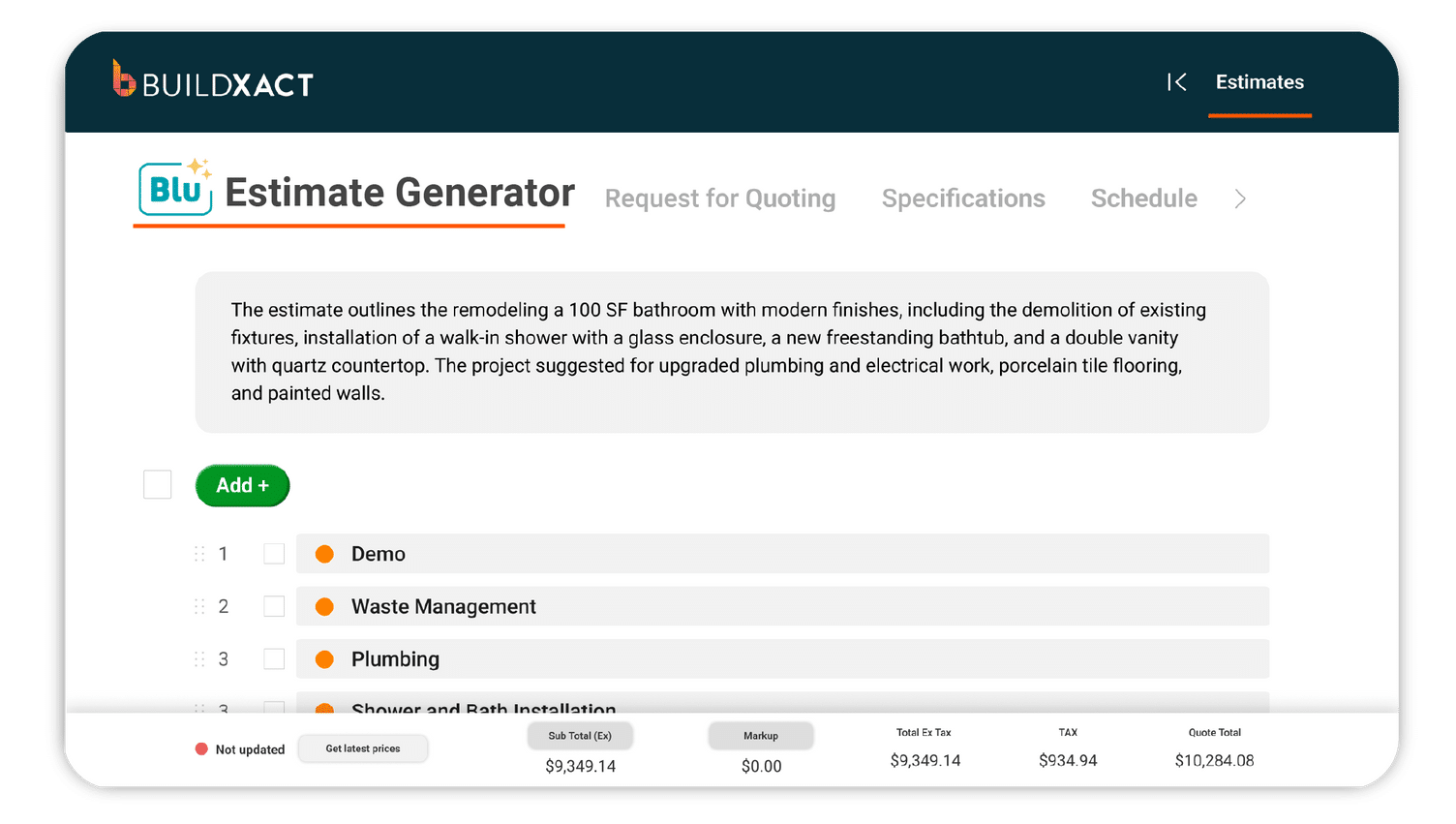 Screenshot of Buildxact's AI-assisted estimate generation tool