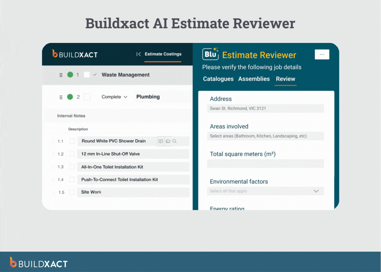 A screenshot showing Buildxact’s estimating features.