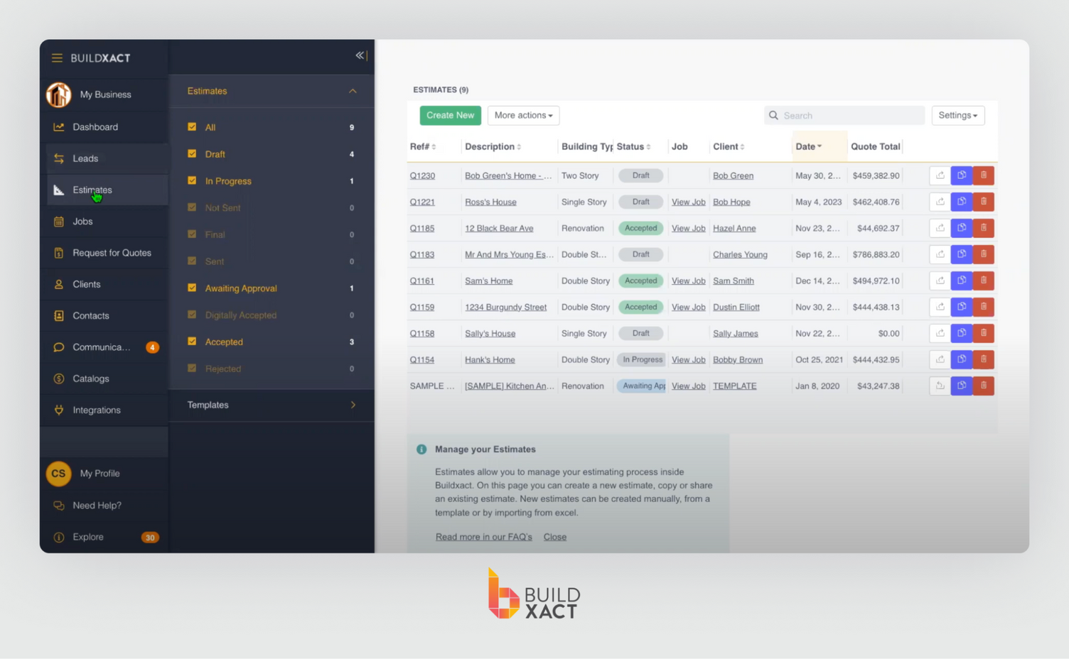 A Buildxact screenshot showing how customer project lists are the first step to better construction project management.