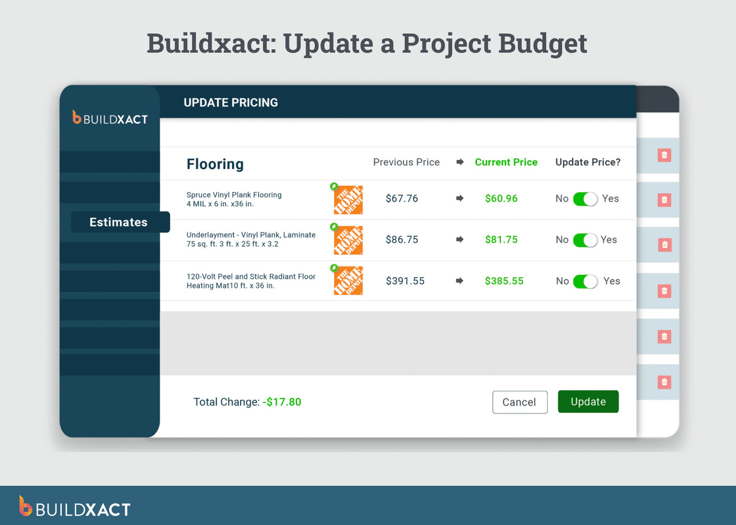 UI of the Buildxact feature to update a project budget.