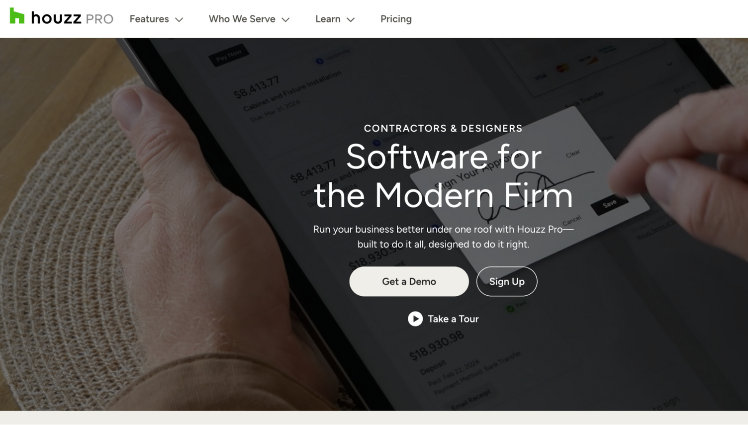 Screenshot of Houzz Pro's home page