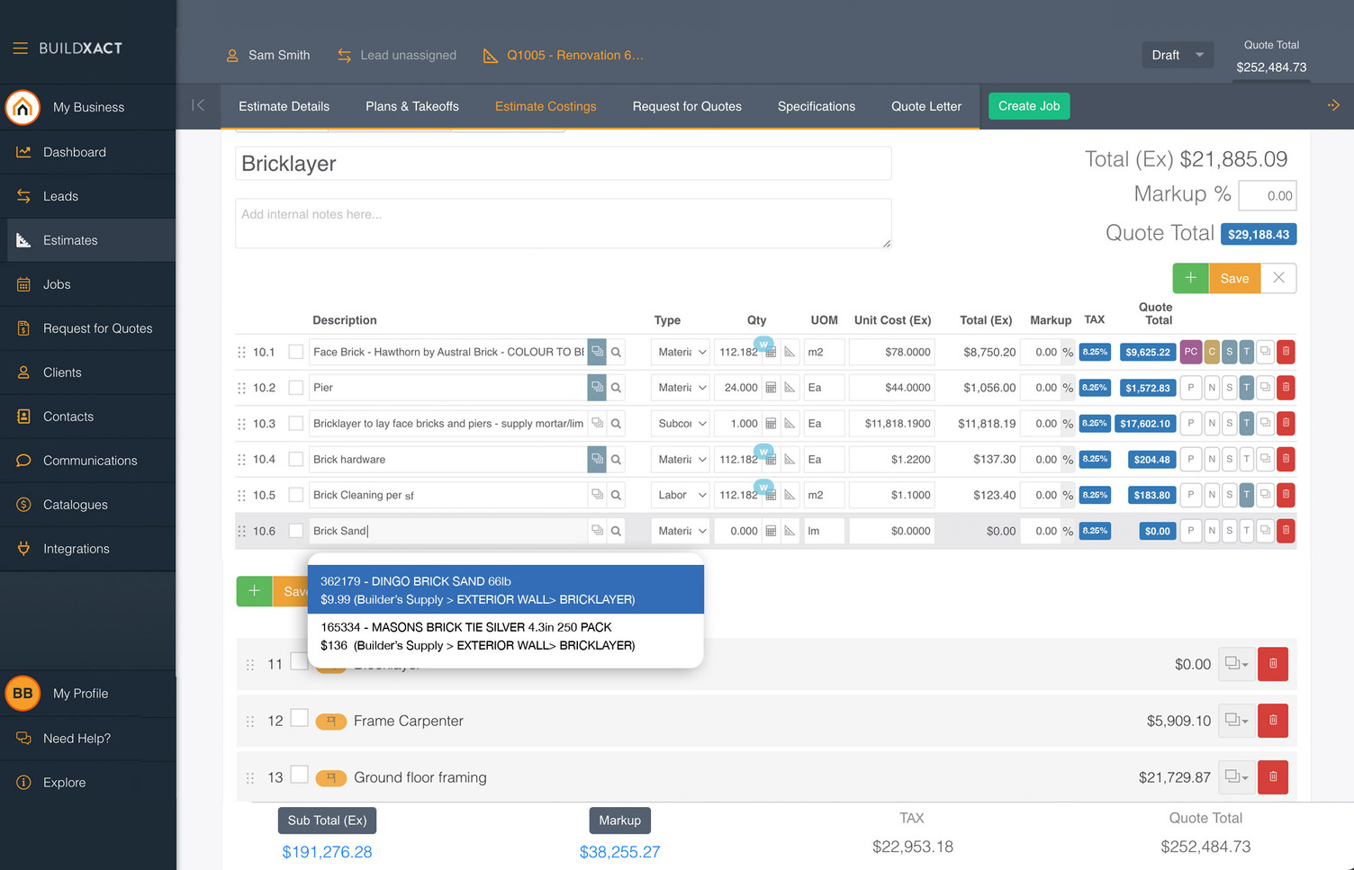 A screenshot of Buildxact showing how material costs are estimated more accurately using dealer pricing