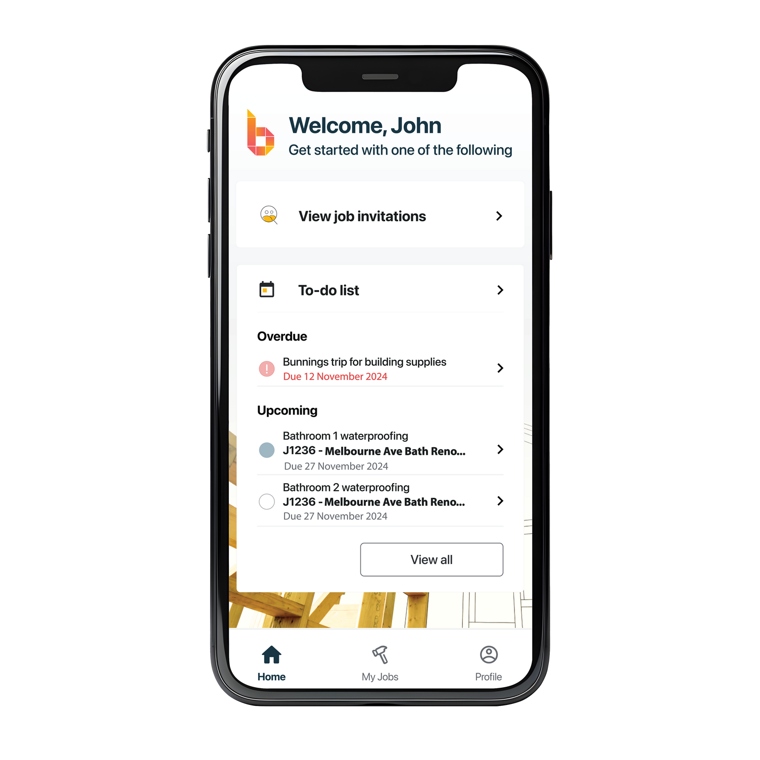 conceptual graphic in mobile screen of Buildxact Onsite mobile app entry screen