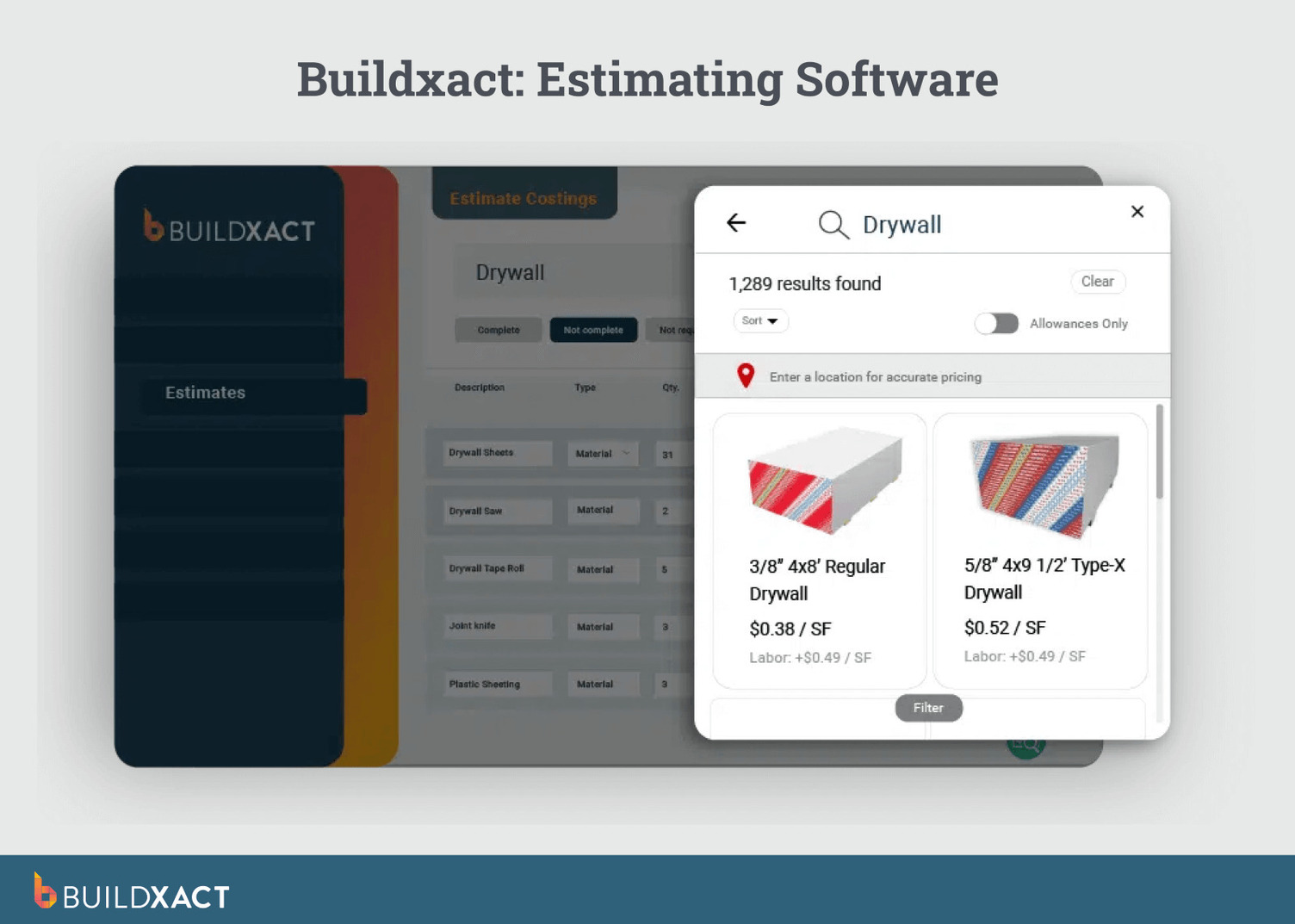 A screenshot showing Buildxact’s estimating software for drywall pricing.