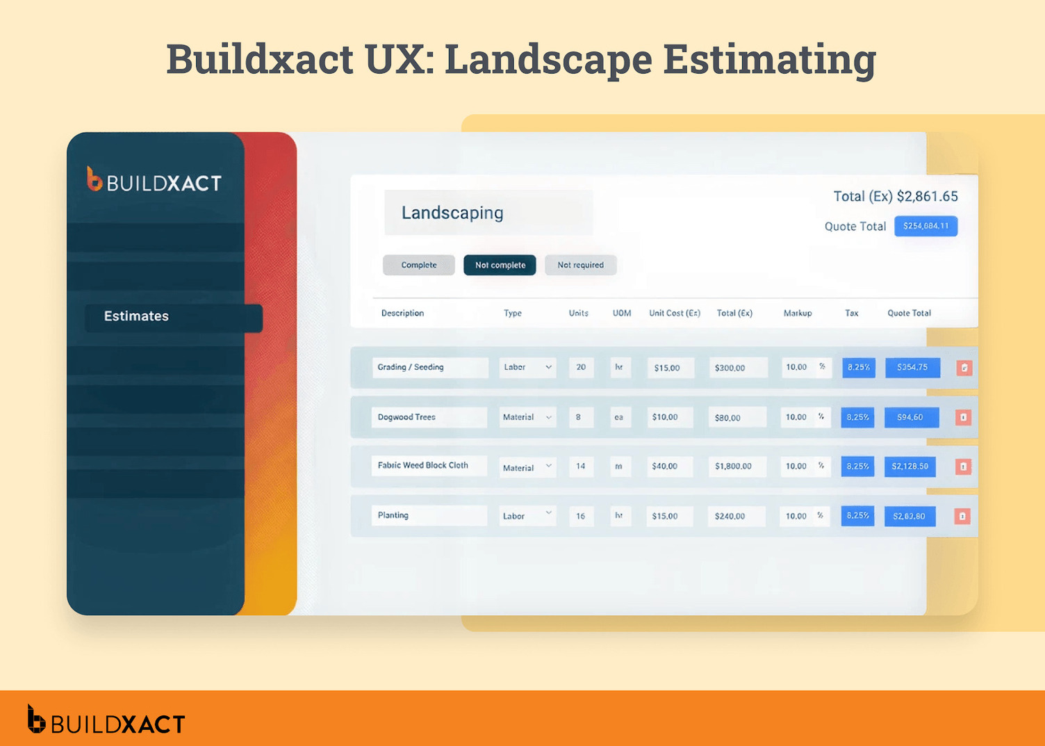 Screenshot showing Buildxact's estimating tool being used for a landscaping job