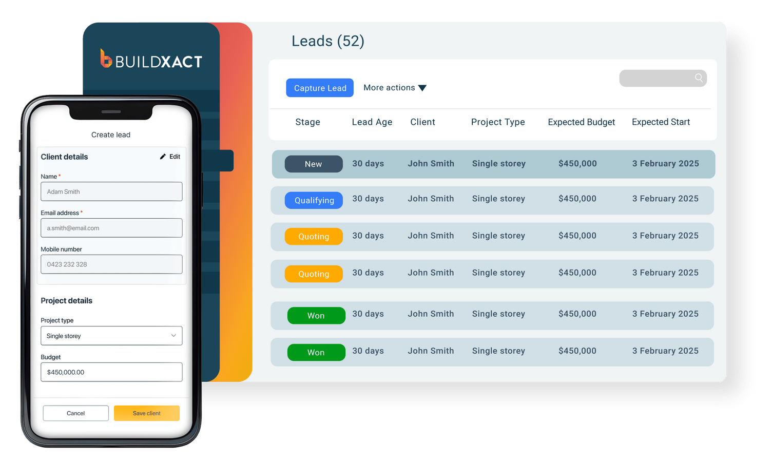 Screenshot of Buildxact's lead management tools on mobile and desktop