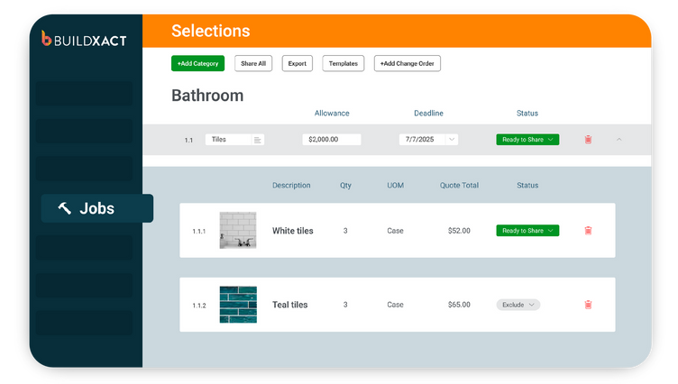 Screenshot of Buildxact’s client selections page showing bathroom tile options, allowances, quantities, quote totals, and status indicators within a job estimate.