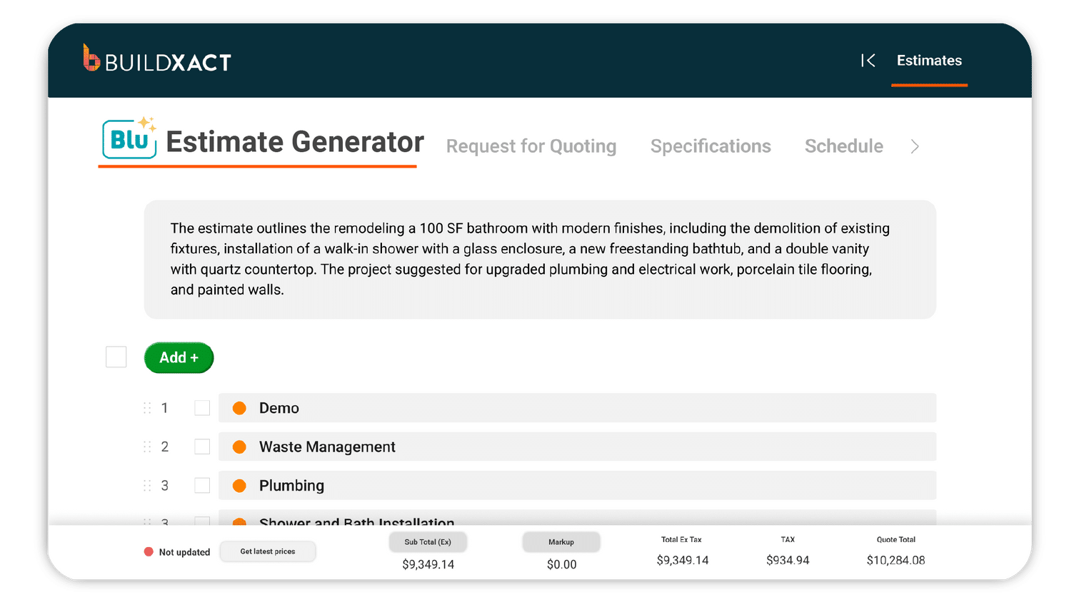 Screenshot of Buildxact's Blu Estimate Generator