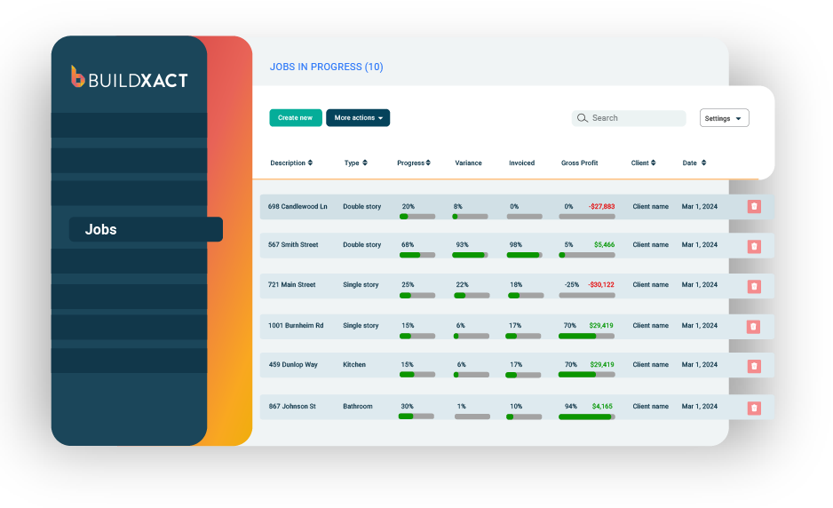 An image showing winning bids in the Buildxact user interface