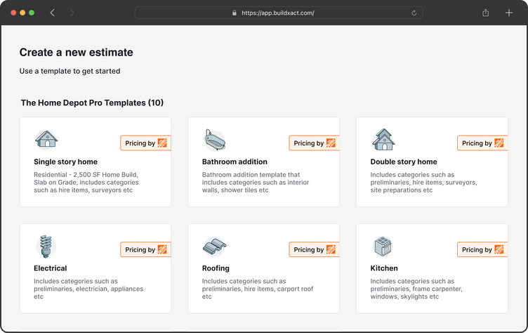 Buildxact interface showing reusable estimating templates for common residential projects, used to standardize pricing and scale construction estimating as workload grows.