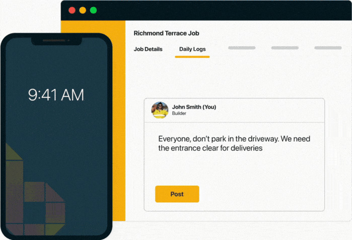 An animated GIF showing the UI of Onsite on the mockup of an iPhone overlaid on a background of an animated conversation for the Daily Logs feature.