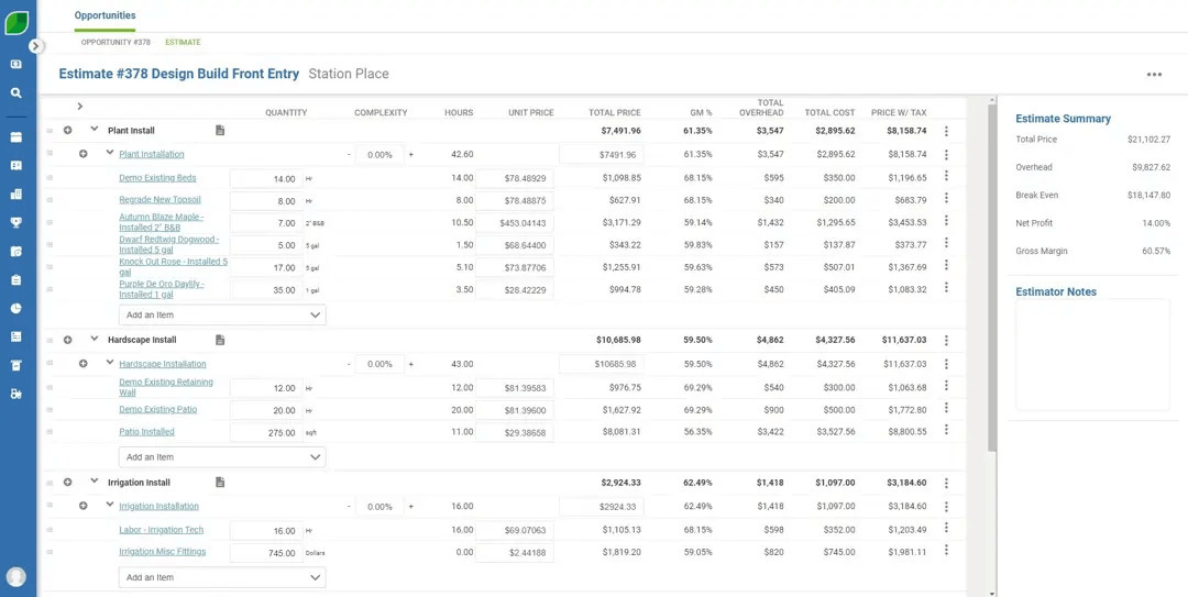 Aspire detailed landscape estimate showing line-item costs, hours, gross margin percentage, overhead, and price with tax across plant install, hardscape install, and irrigation install categories, with an estimate summary panel showing total price, break-even, net profit, and gross margin.