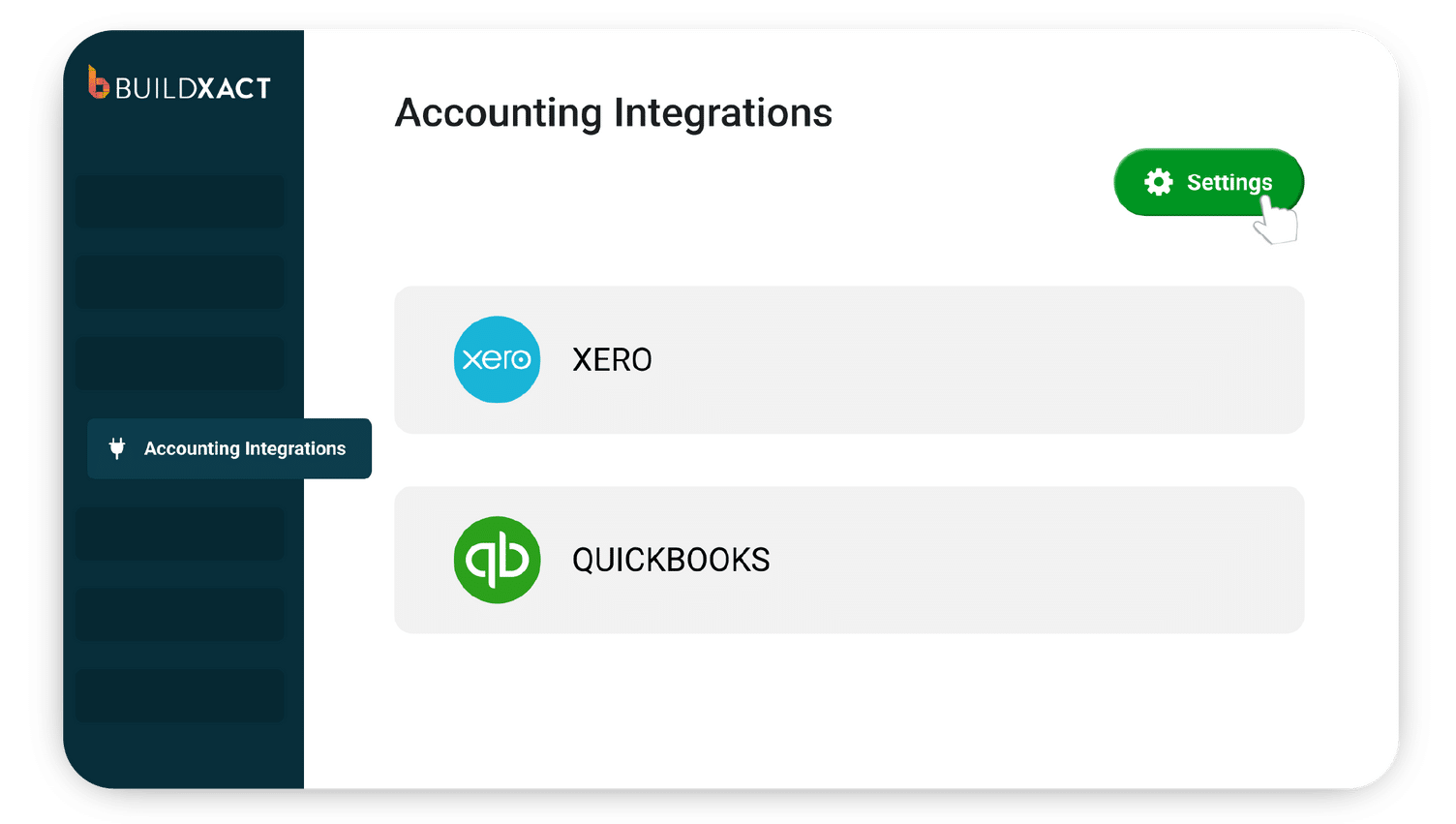 A visual graphic featuring the Buildxact UI and two accounting logos, Xero and Quickbooks, to illustrate the accounting integrations available.