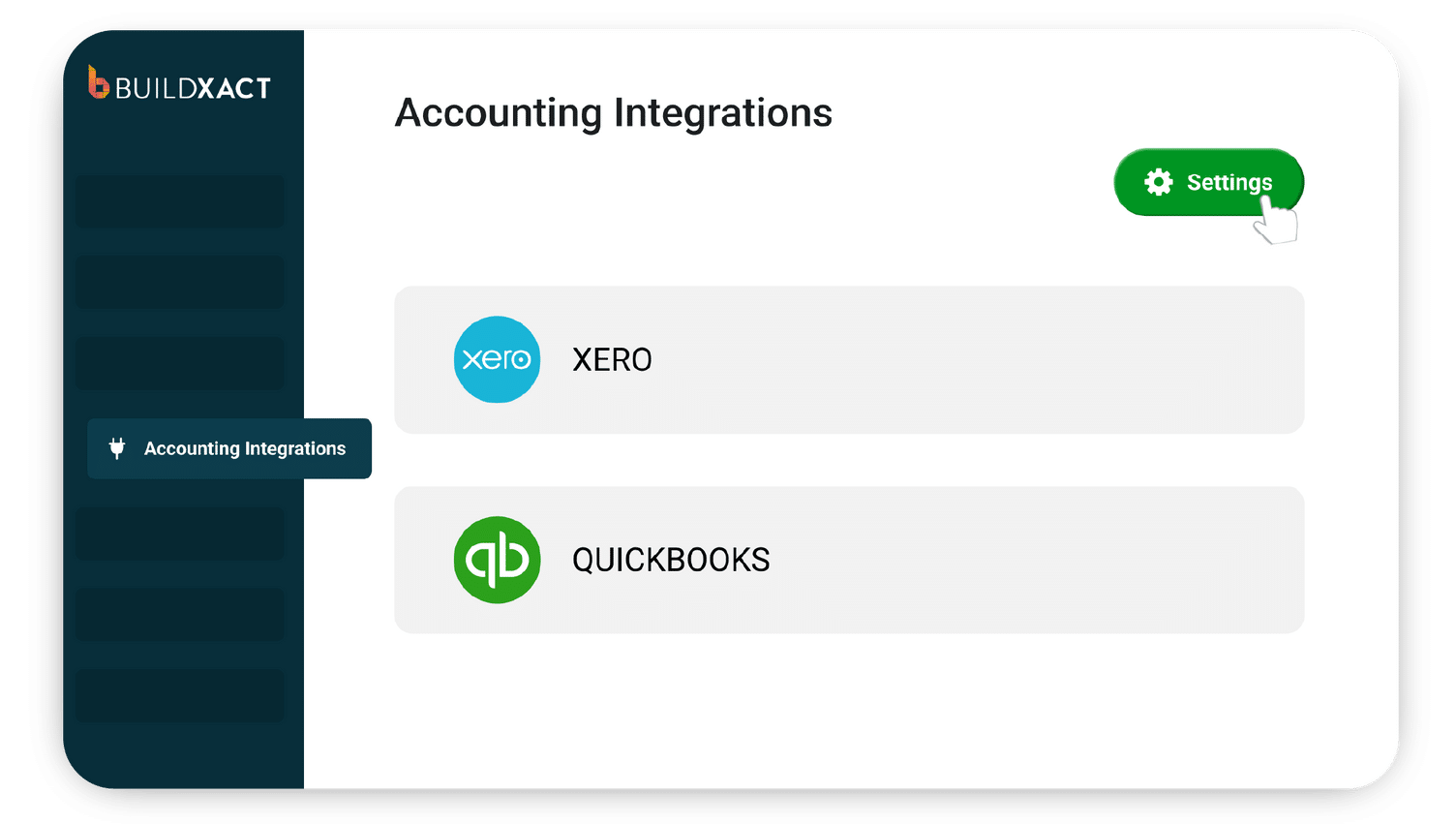 Screenshot showing Buildxact's integrations with Xero and Quickbooks