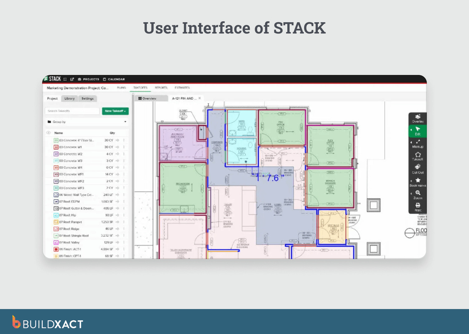 Screenshot of STACK showing carpentry takeoff measurements and estimating interface