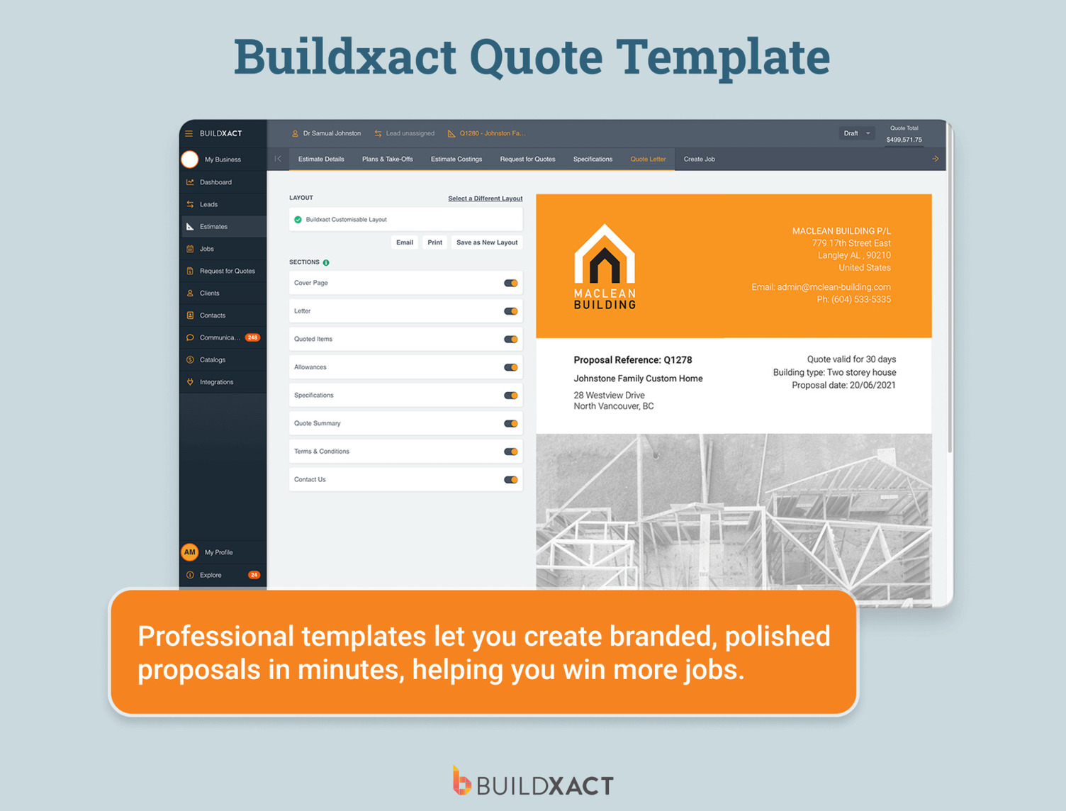 An image showing Buildxact’s Quote Template feature.