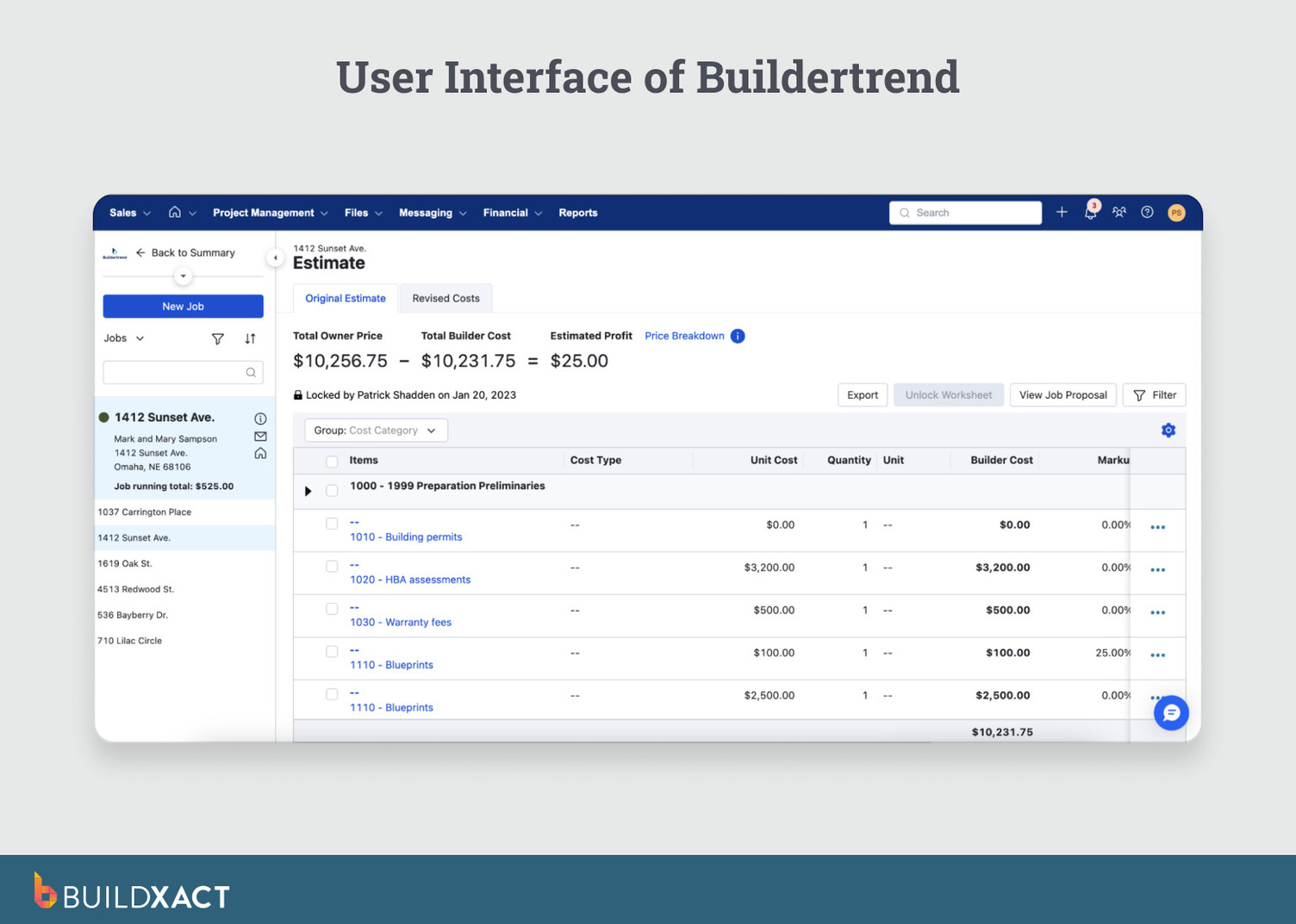 Screenshot of Buildertrend showing job management within a larger residential construction system