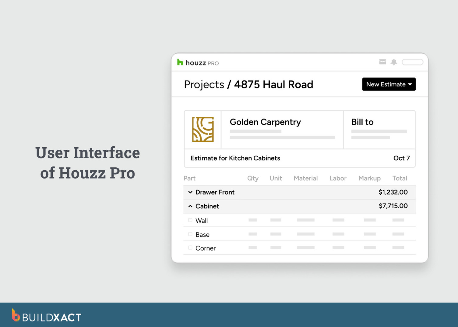 Screenshot of Houzz Pro showing proposal-focused estimating interface