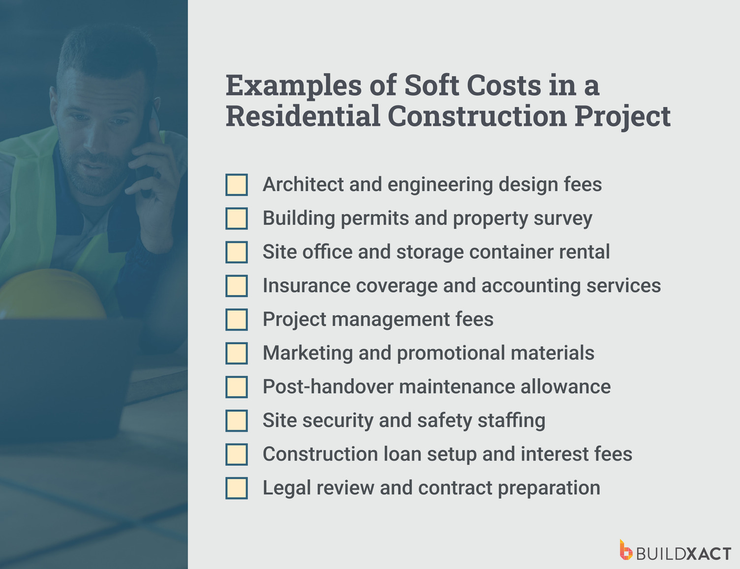 A list of example soft costs in a residential construction project