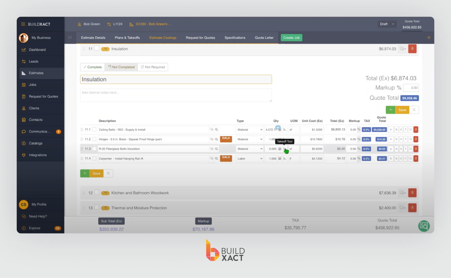 An estimate screen in Buildxact showing how materials are priced using the latest supplier pricing.
