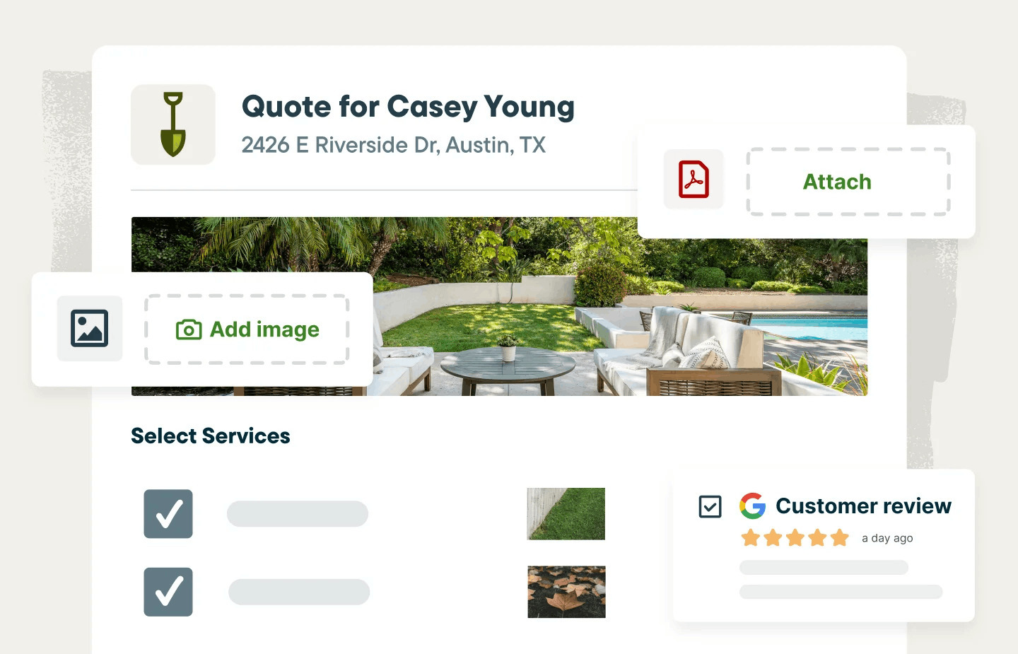 Landscape business quoting interface showing a client quote with a job site photo, service selection checkboxes, options to attach documents and add images, and an embedded five-star Google customer review.
