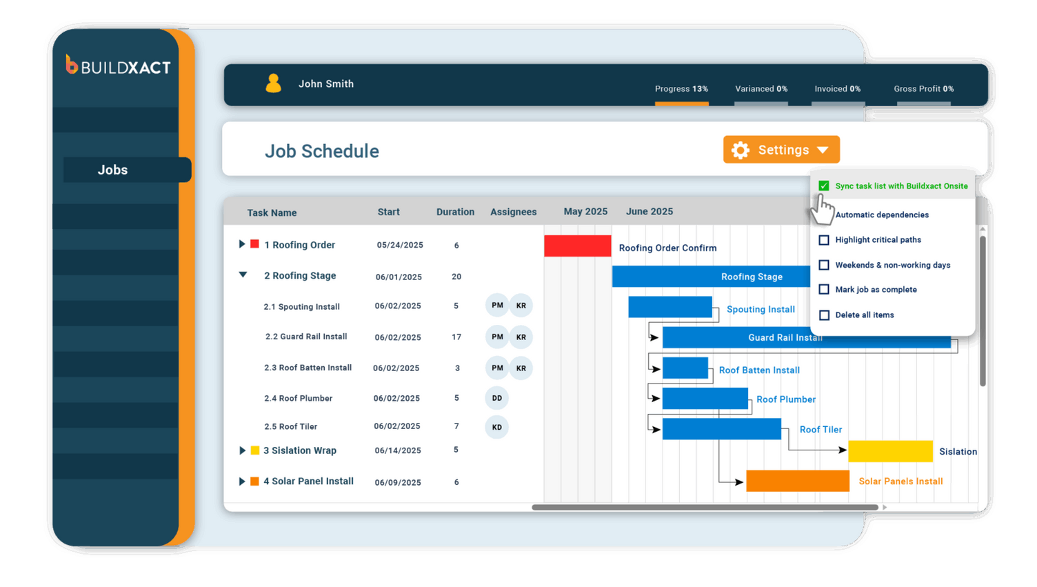 Screenshot of Buildxact's job scheduling tool.