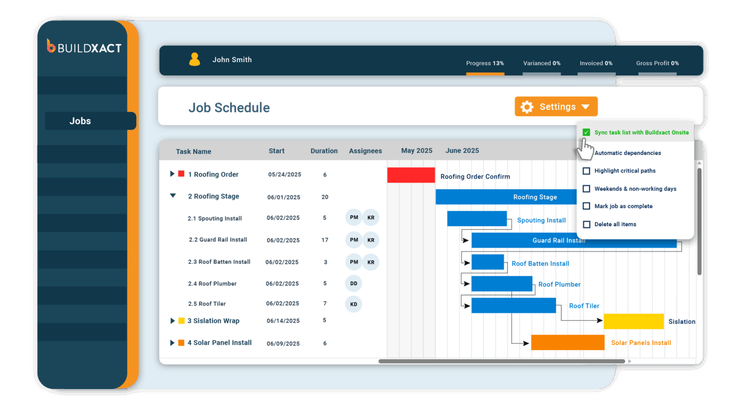 Screenshot showing Buildxact's visual job schedule interface