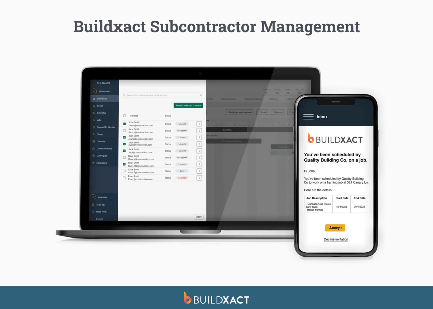 UX of Buildxact subcontractor management on desktop and mobile.