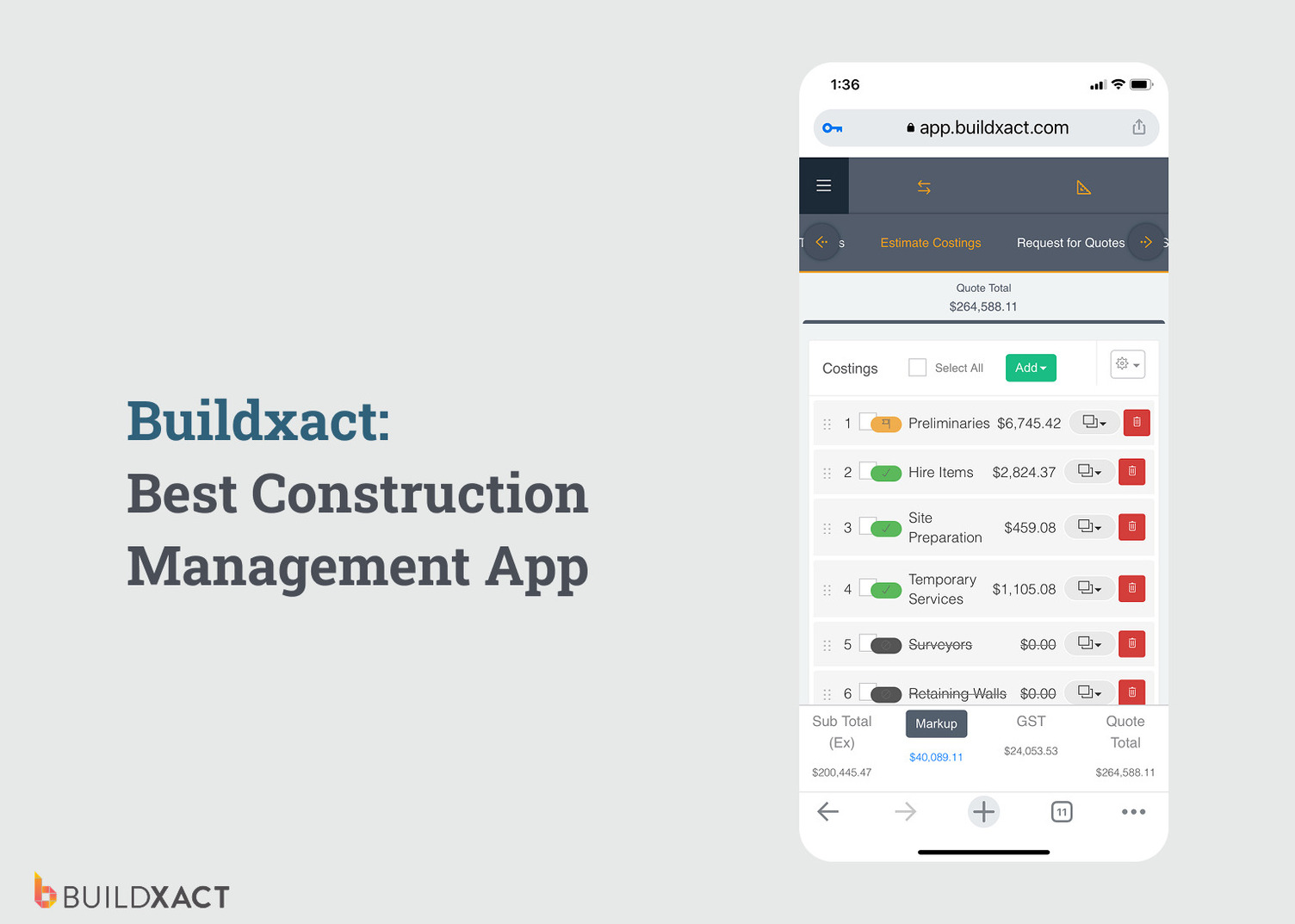 A screenshot of the Buildxact interface