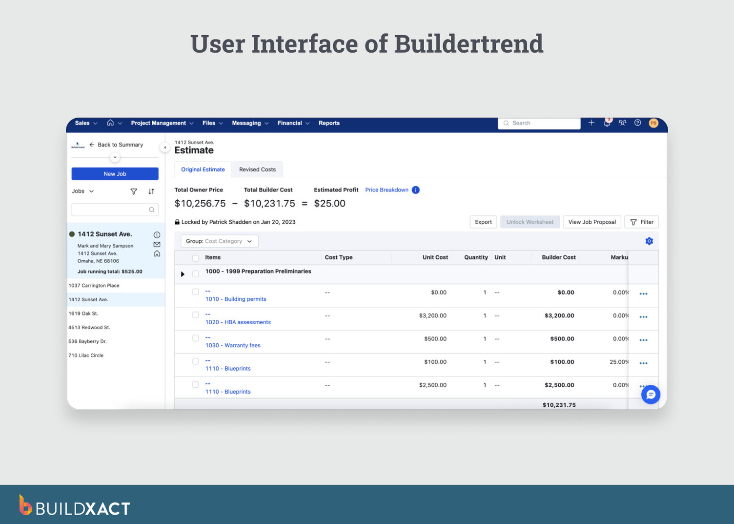Screenshot of Buildertrend showing estimating alongside scheduling and client communication tools