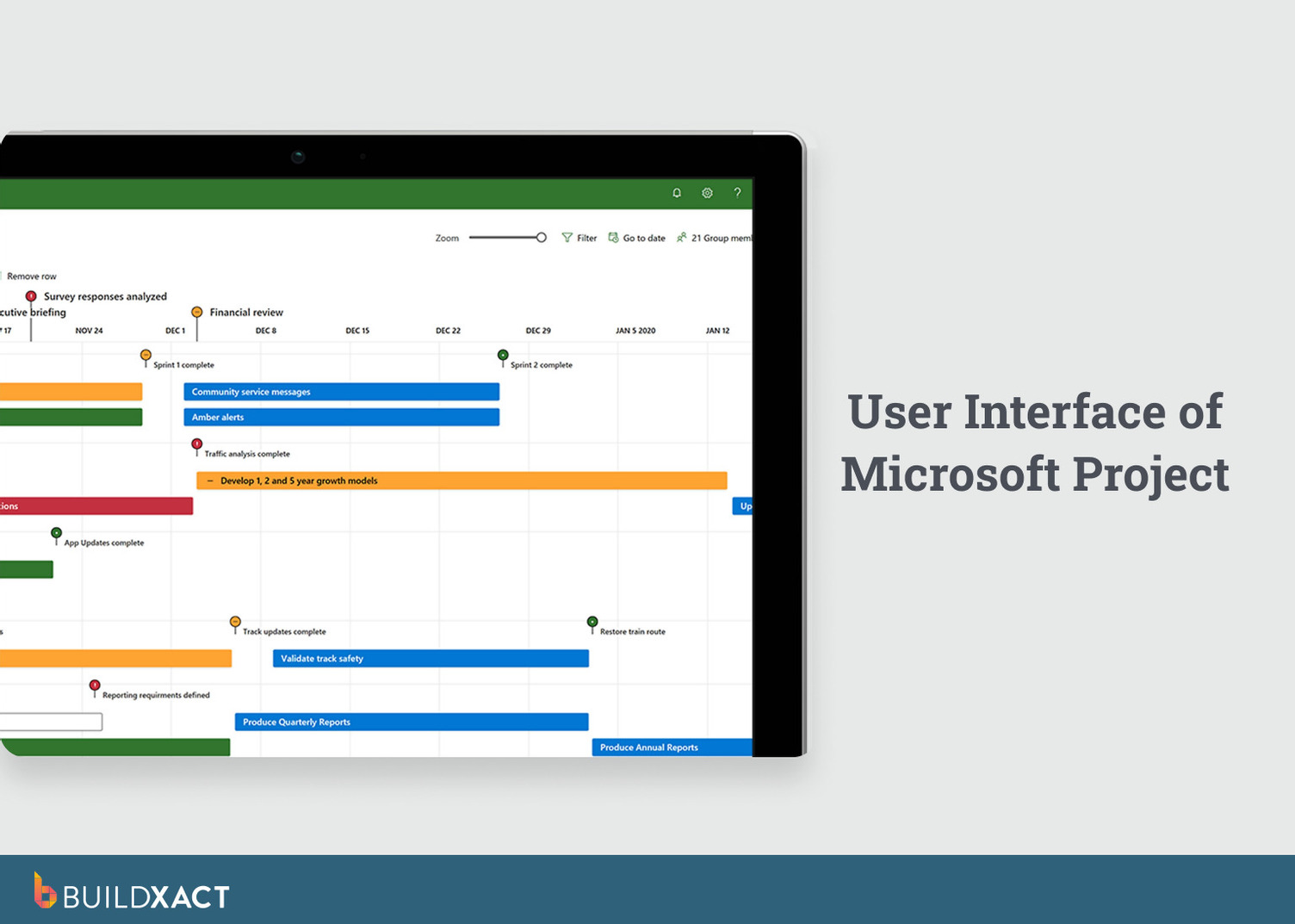 Screenshot showing the UI of a project roadmap on Microsoft Project.