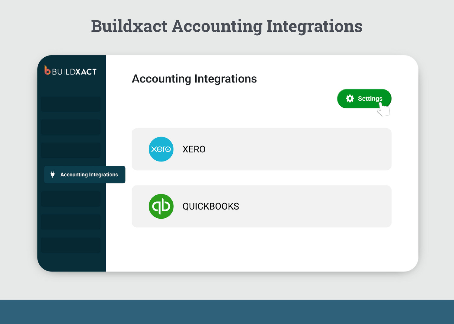 Two-way accounting integration in Buildxact with Xero and QuickBooks.