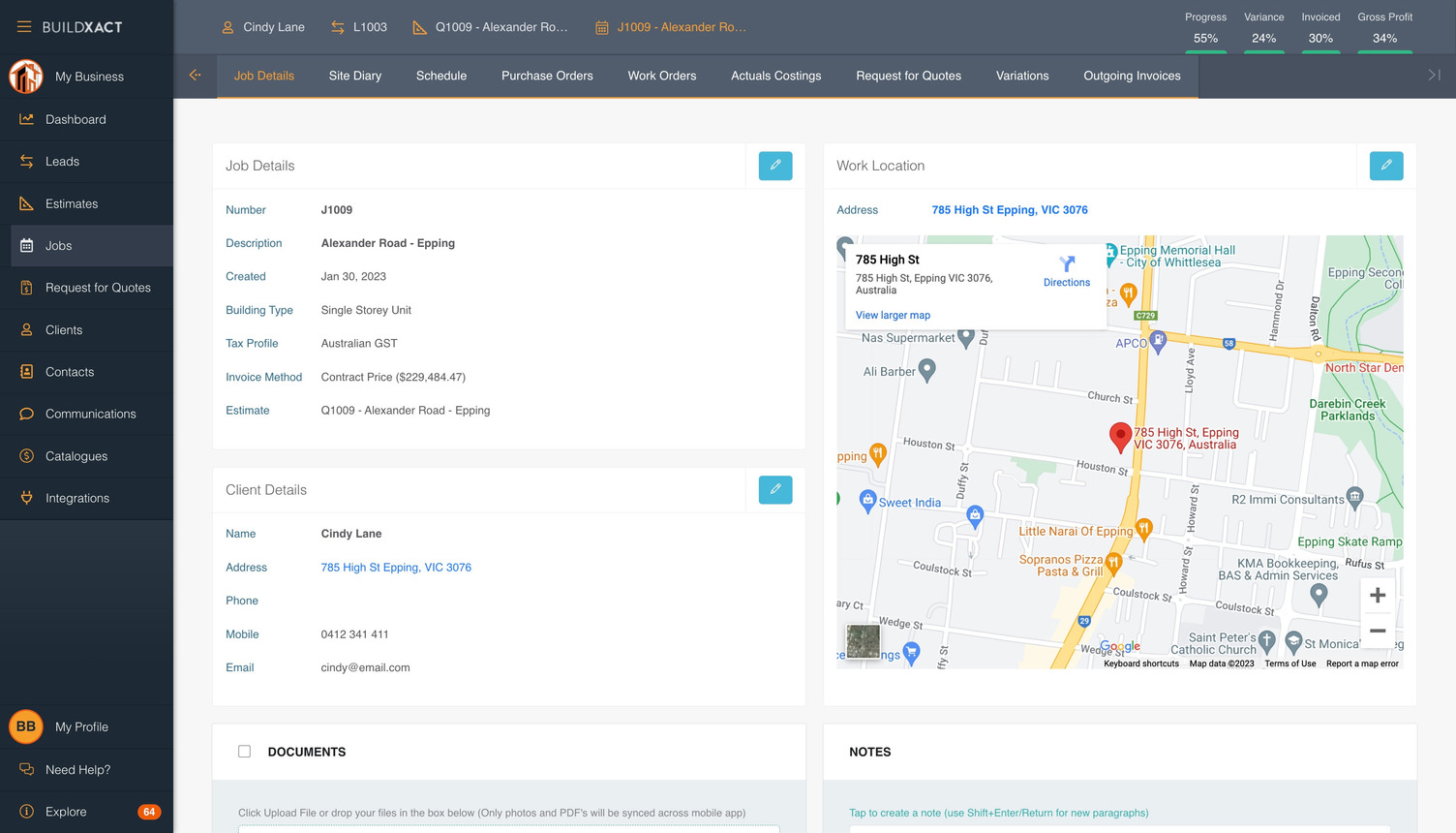 Buildxact job view showing estimate-linked costs, schedule, daily logs, purchase orders, progress, and client details in one place.