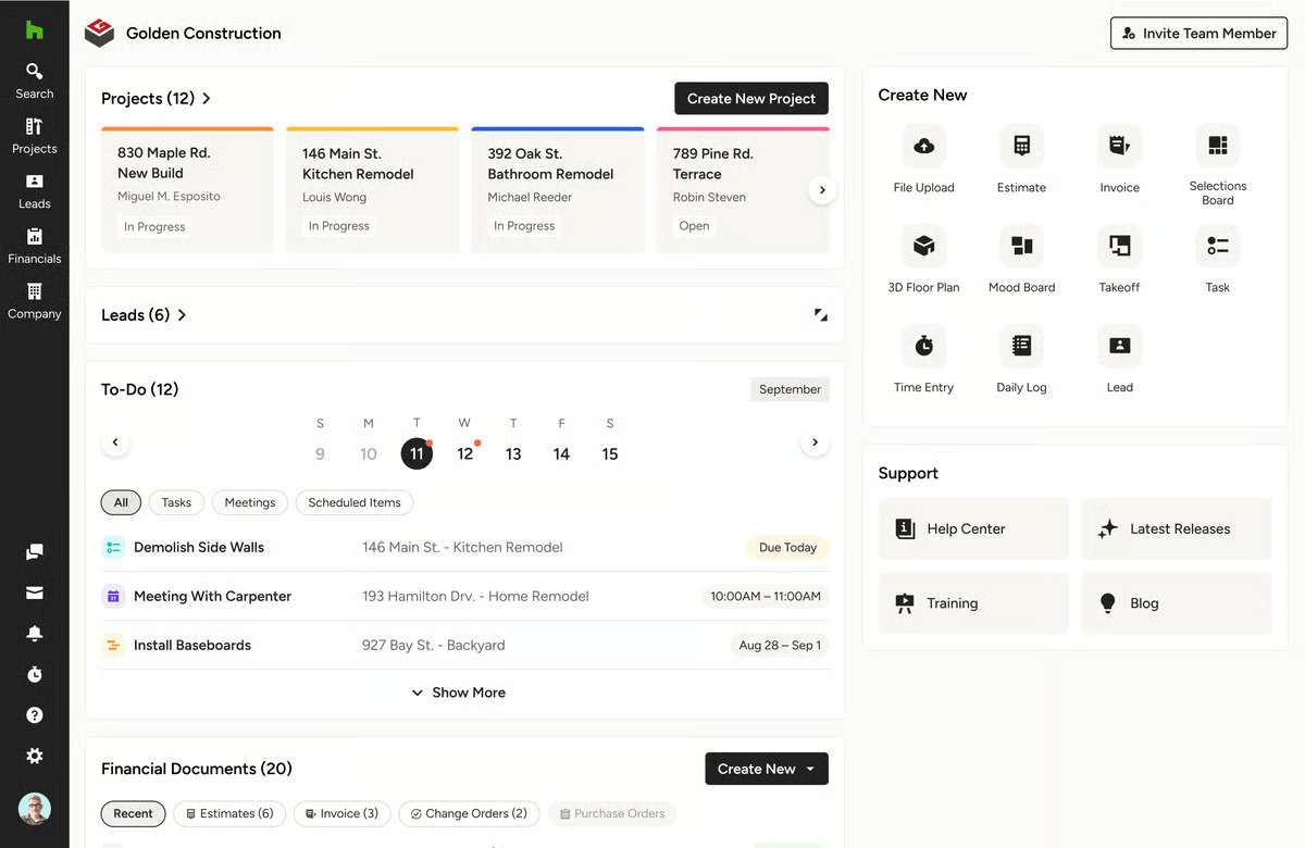 Construction management dashboard showing active projects with statuses, a to-do schedule with tasks and meetings, leads, financial documents, and quick actions like creating estimates, invoices, and project files.