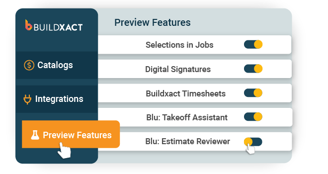 Screenshot of the Buildxact preview features panel showing toggle options for selections, digital signatures, timesheets, and Blu estimating tools.