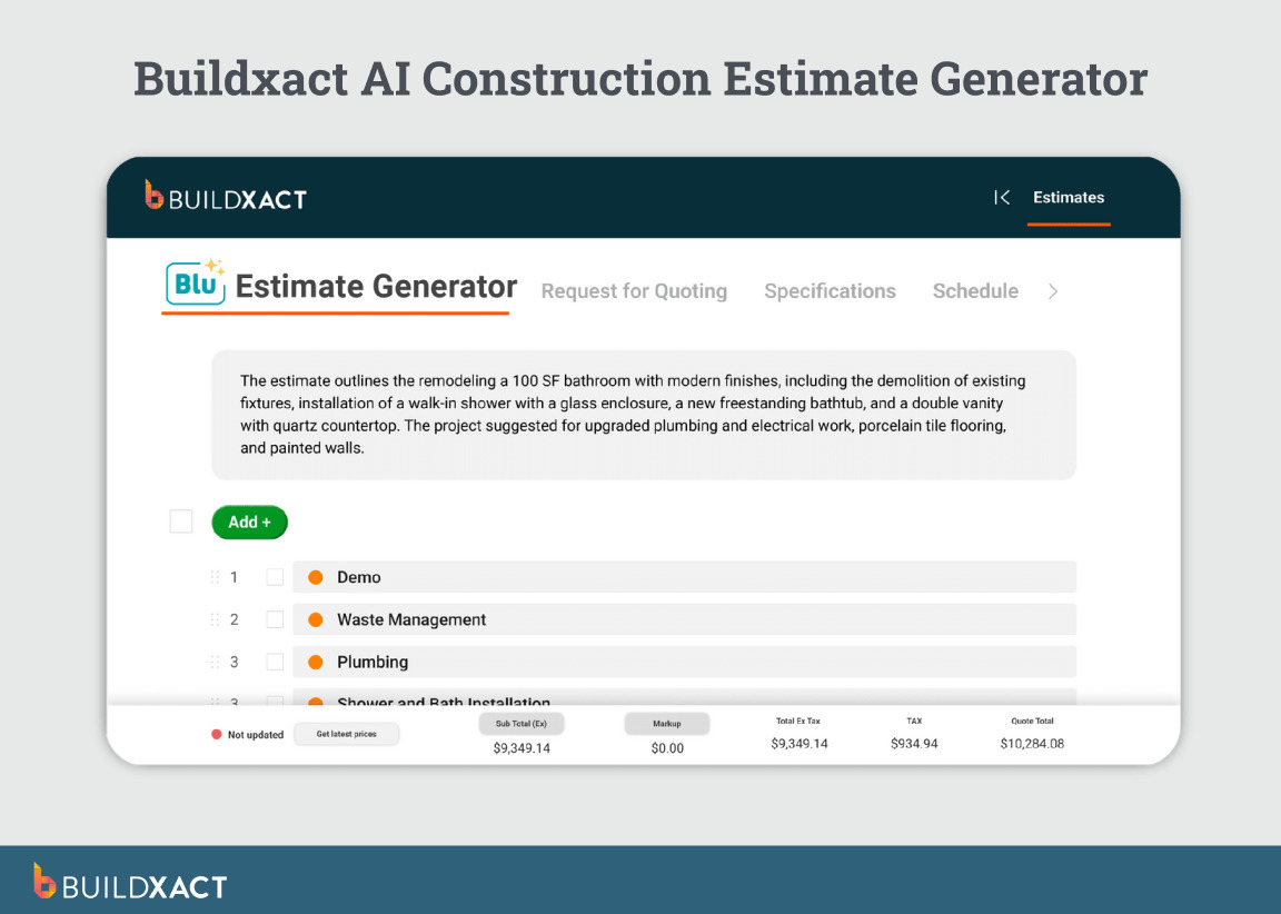 Interface of Buildxact’s AI estimate generator