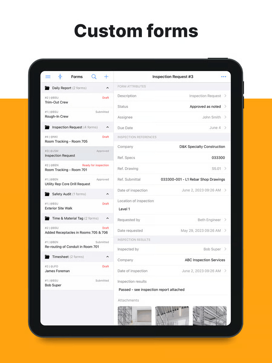 Tablet screen displaying a construction management app with custom forms, including an inspection request form showing details like status, assignee, due date, inspection references, and results, alongside a list of form categories such as daily reports, safety audits, and timesheets.