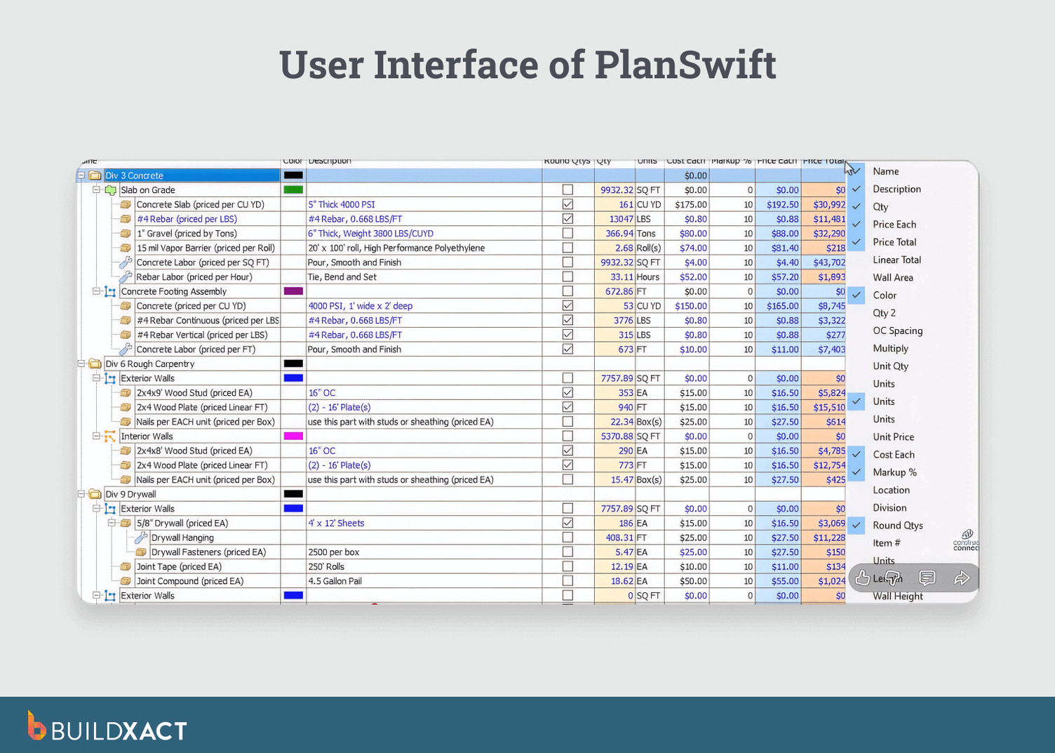 Screenshot of PlanSwift showing takeoff measurements and estimating interface focused on quantity calculations.