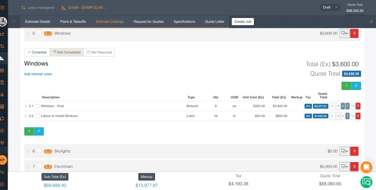 A screenshot of the Buidxact interface when creating an estimate