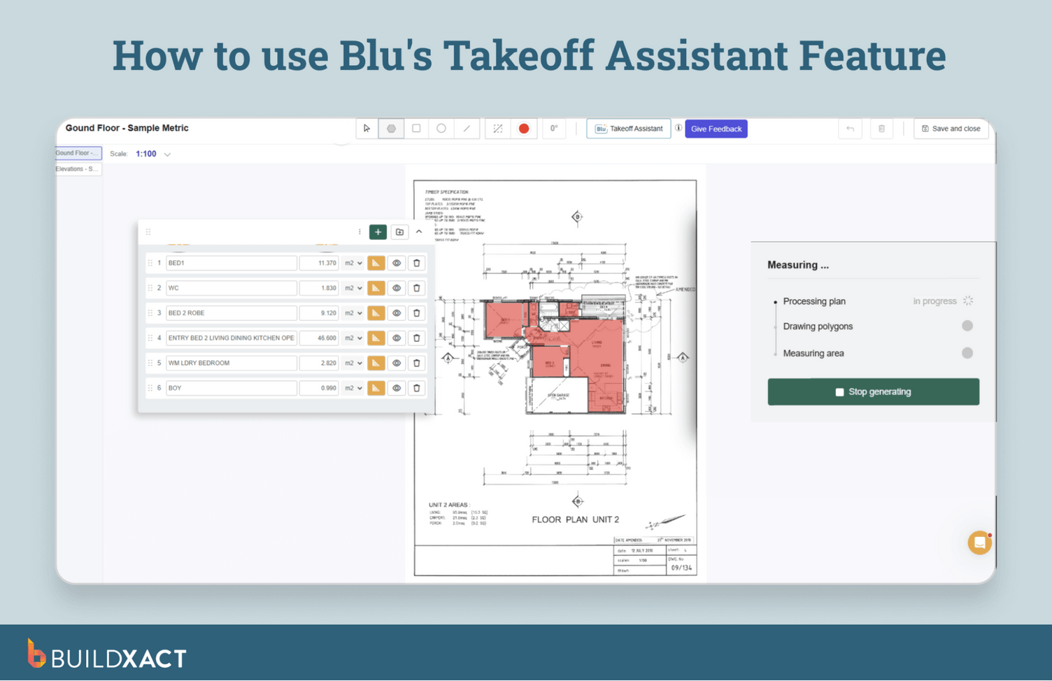 Blu Takeoff Assistant automatically measures areas and quantities from a residential floor plan