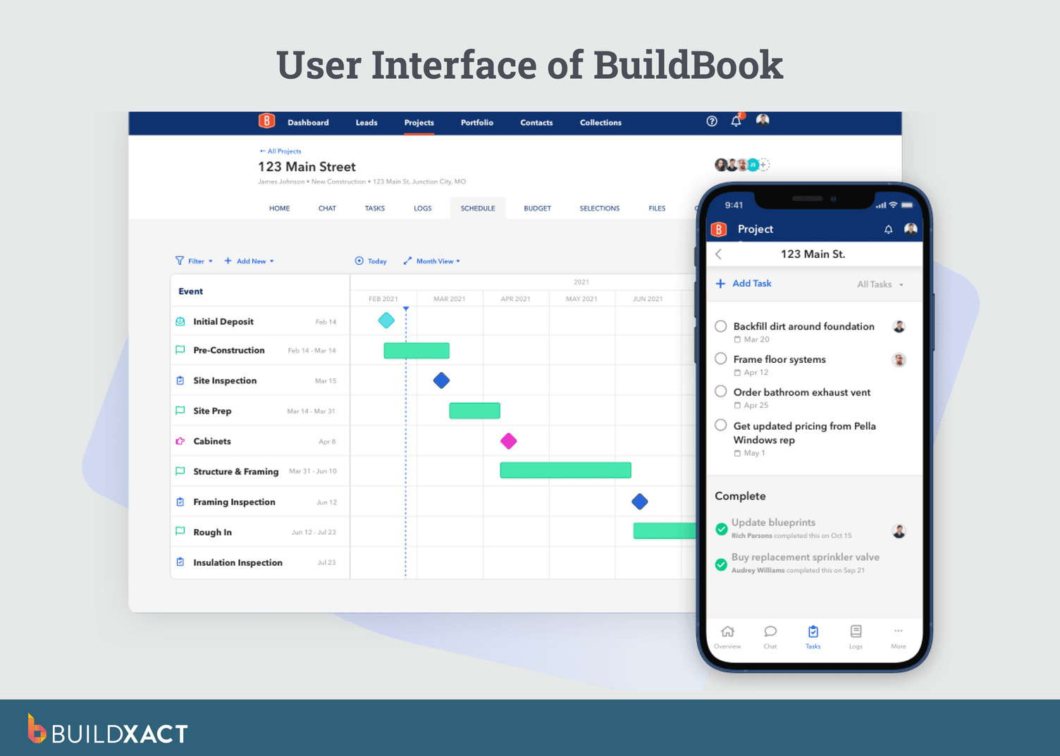 A screenshot showing BuildBook mobile and desktop UI.